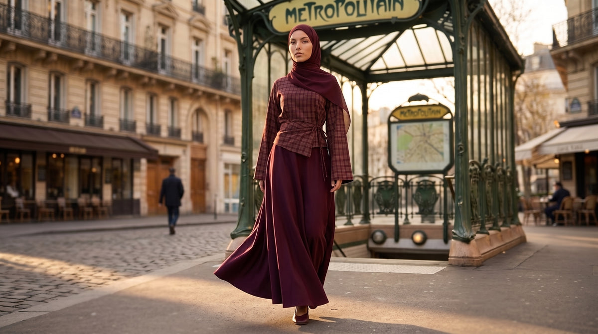 Silhouette AÏKARA automne — ensemble Sienna devant une bouche de métro parisienne